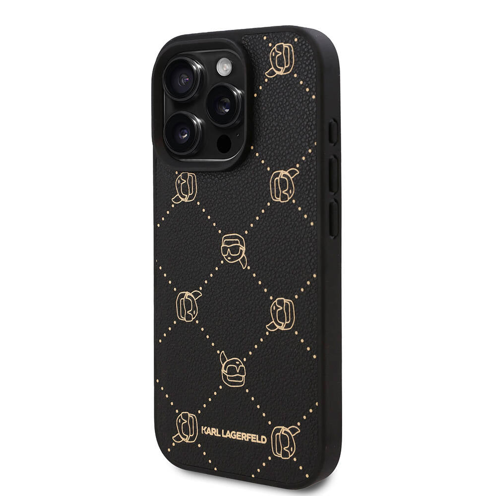 iPhone 16 Pro Max Kılıf Karl Lagerfeld Orjinal Lisanslı M-safe Şarj Özellikli PU Deri Karl Heads Desenli Klasik Logolu Kılıf