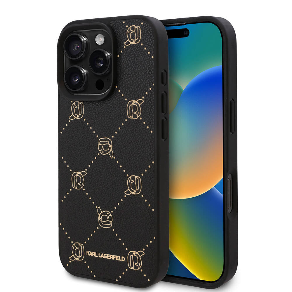 iPhone 16 Pro Max Kılıf Karl Lagerfeld Orjinal Lisanslı M-safe Şarj Özellikli PU Deri Karl Heads Desenli Klasik Logolu Kılıf
