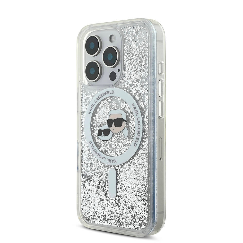 Apple iPhone 16 Pro Max Kılıf Karl Lagerfeld Orjinal Lisanslı Magsafe Şarj Özellikli Sıvılı Simli KC Heads Kapak Şeffaf