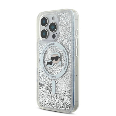 Apple iPhone 16 Pro Max Kılıf Karl Lagerfeld Orjinal Lisanslı Magsafe Şarj Özellikli Sıvılı Simli KC Heads Kapak Şeffaf