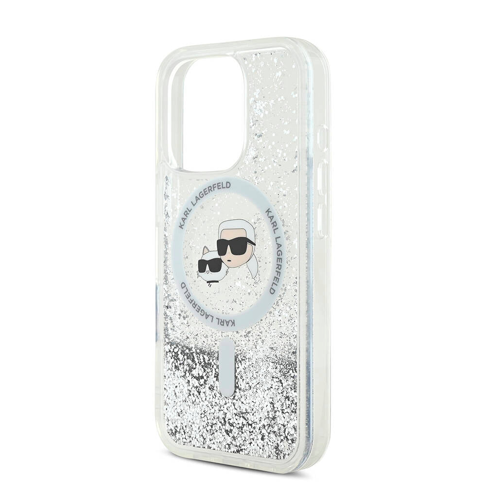 Apple iPhone 16 Pro Max Kılıf Karl Lagerfeld Orjinal Lisanslı Magsafe Şarj Özellikli Sıvılı Simli KC Heads Kapak Şeffaf