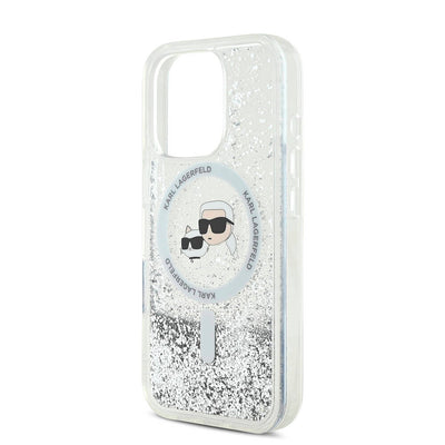 Apple iPhone 16 Pro Max Kılıf Karl Lagerfeld Orjinal Lisanslı Magsafe Şarj Özellikli Sıvılı Simli KC Heads Kapak Şeffaf