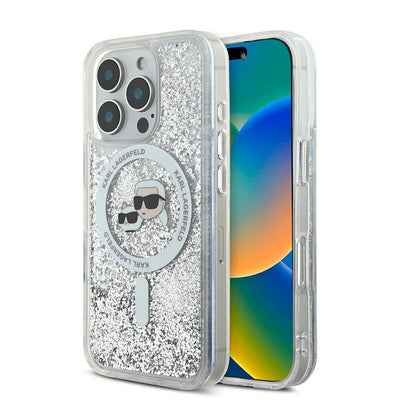 Apple iPhone 16 Pro Max Kılıf Karl Lagerfeld Orjinal Lisanslı Magsafe Şarj Özellikli Sıvılı Simli KC Heads Kapak Şeffaf