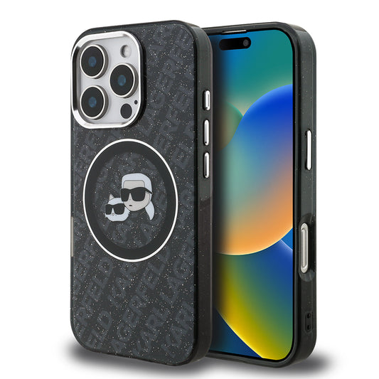 iPhone 16 Pro Max Kılıf Karl Lagerfeld Orjinal Lisanslı Parlayan Simli Karl & Choupette Heads Kılıf