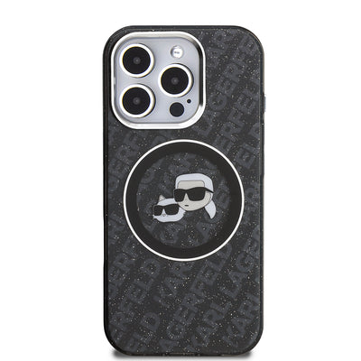 Apple iPhone 16 Pro Max Kılıf Karl Lagerfeld Orjinal Lisanslı Parlayan Simli Karl & Choupette Heads Kapak Siyah