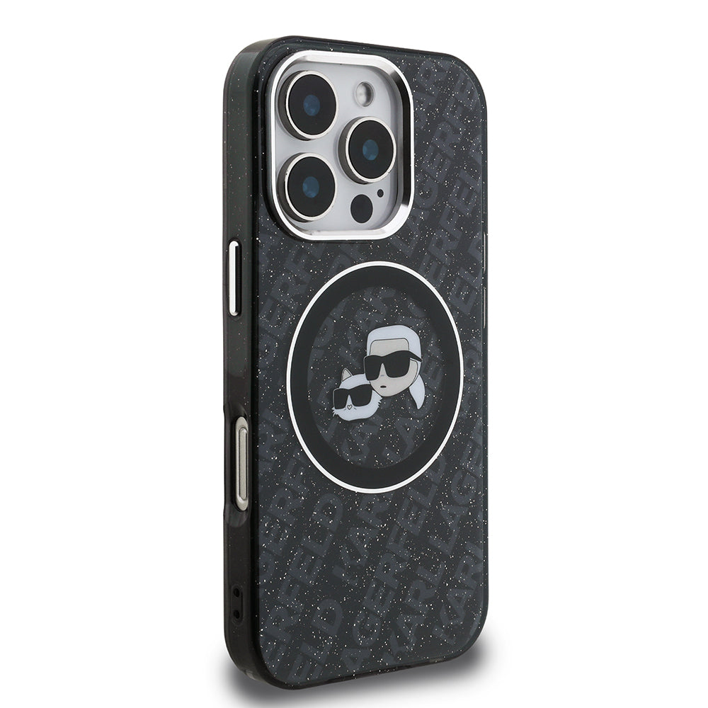 iPhone 16 Pro Max Kılıf Karl Lagerfeld Orjinal Lisanslı Parlayan Simli Karl & Choupette Heads Kılıf