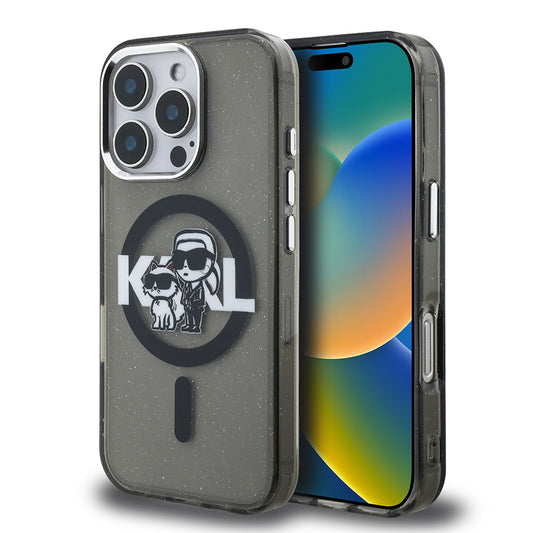 iPhone 16 Pro Max Kılıf Karl Lagerfeld Orjinal Lisanslı Parlayan Simli Karl & Choupette Sketch Logo Kılıf