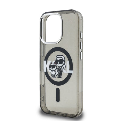 Apple iPhone 16 Pro Max Kılıf Karl Lagerfeld Orjinal Lisanslı Parlayan Simli Karl & Choupette Sketch Logo Kapak Siyah