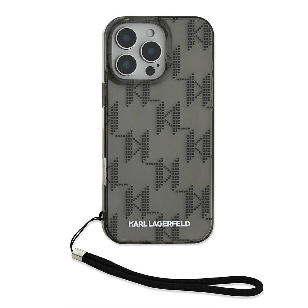 Apple iPhone 16 Pro Max Kılıf Karl Lagerfeld Orjinal Lisanslı KL Desenli Saydam Bilek Askı İpli Klasik Logolu Kapak Siyah