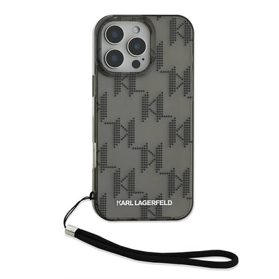 Apple iPhone 16 Pro Max Kılıf Karl Lagerfeld Orjinal Lisanslı KL Desenli Saydam Bilek Askı İpli Klasik Logolu Kapak Siyah