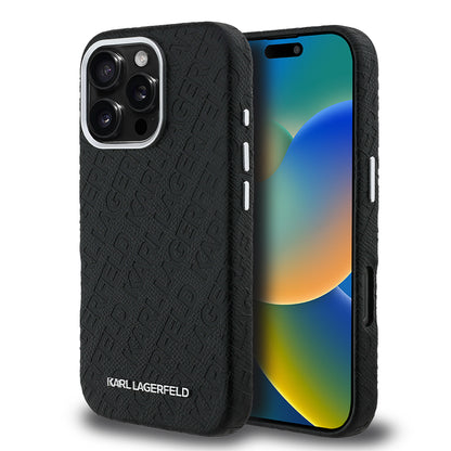 iPhone 16 Pro Max Kılıf Karl Lagerfeld Orjinal Lisanslı PU Deri Damgalı Metal Yazı Logolu Kılıf