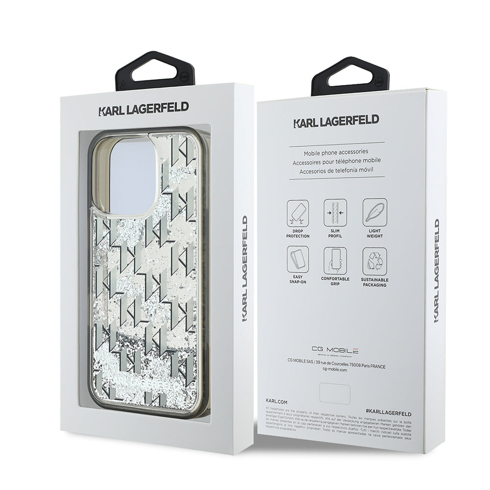 Apple iPhone 16 Pro Max Kılıf Karl Lagerfeld Orjinal Lisanslı Simli KL Yazılı Monogram Gradient Kapak Siyah