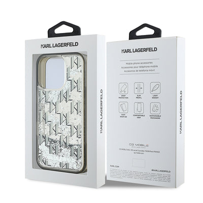 Apple iPhone 16 Pro Max Kılıf Karl Lagerfeld Orjinal Lisanslı Simli KL Yazılı Monogram Gradient Kapak Siyah