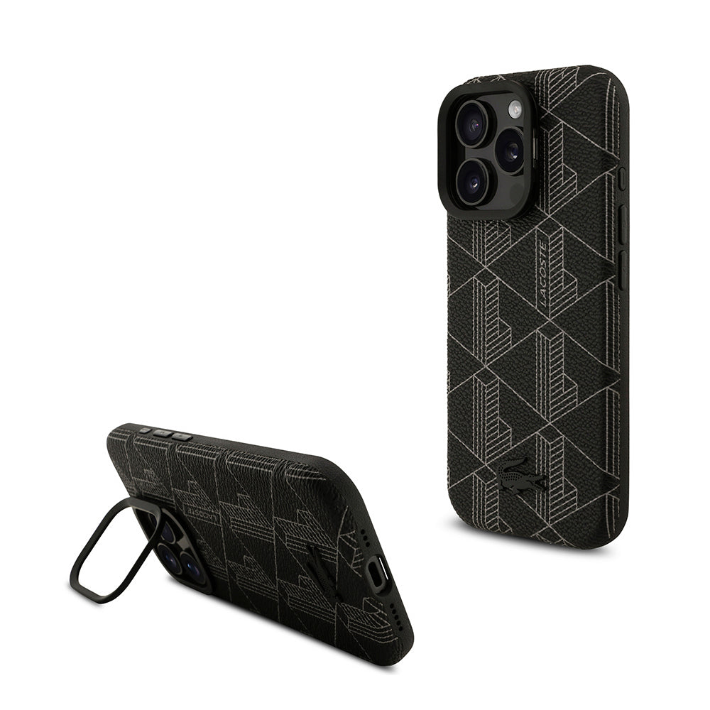 iPhone 16 Pro Max Kılıf Lacoste Orjinal Lisanslı M-safe Şarj Özellikli Standlı PU Deri Karışık Monogram Desenli Kılıf