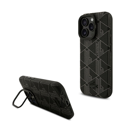 iPhone 16 Pro Max Kılıf Lacoste Orjinal Lisanslı M-safe Şarj Özellikli Standlı PU Deri Karışık Monogram Desenli Kılıf