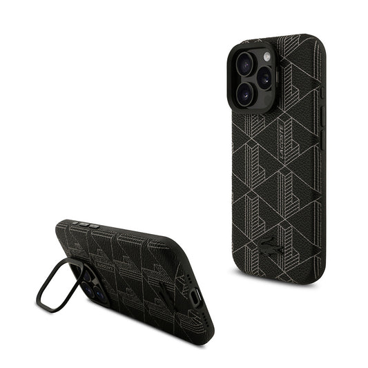 iPhone 16 Pro Max Kılıf Lacoste Orjinal Lisanslı M-safe Şarj Özellikli Standlı PU Deri Karışık Monogram Desenli Kılıf