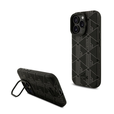 Apple iPhone 16 Pro Max Kılıf Lacoste Orjinal Lisanslı M-safe Şarj Özellikli Standlı PU Deri Karışık Monogram Desenli Kapak Siyah