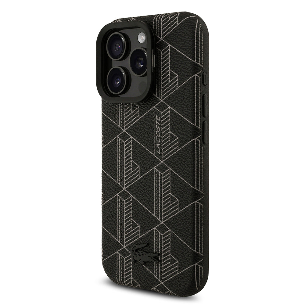 iPhone 16 Pro Max Kılıf Lacoste Orjinal Lisanslı M-safe Şarj Özellikli Standlı PU Deri Karışık Monogram Desenli Kılıf