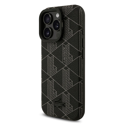 iPhone 16 Pro Max Kılıf Lacoste Orjinal Lisanslı M-safe Şarj Özellikli Standlı PU Deri Karışık Monogram Desenli Kılıf