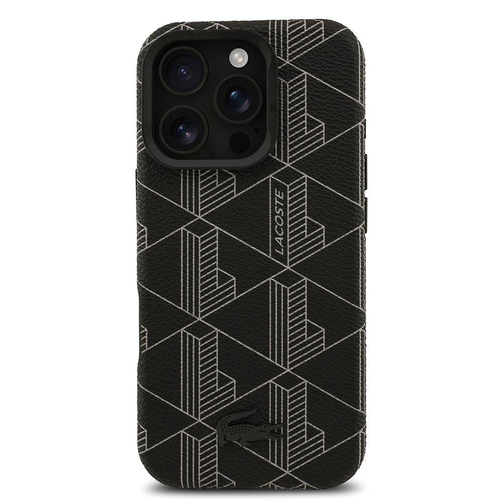 iPhone 16 Pro Max Kılıf Lacoste Orjinal Lisanslı M-safe Şarj Özellikli Standlı PU Deri Karışık Monogram Desenli Kılıf