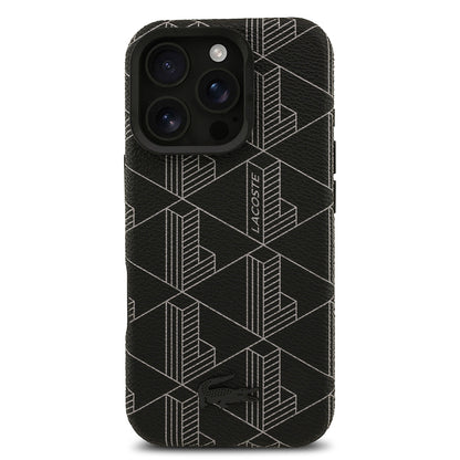 iPhone 16 Pro Max Kılıf Lacoste Orjinal Lisanslı M-safe Şarj Özellikli Standlı PU Deri Karışık Monogram Desenli Kılıf