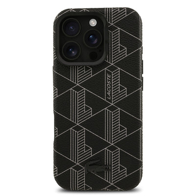 Apple iPhone 16 Pro Max Kılıf Lacoste Orjinal Lisanslı M-safe Şarj Özellikli Standlı PU Deri Karışık Monogram Desenli Kapak Siyah