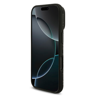 Apple iPhone 16 Pro Max Kılıf Lacoste Orjinal Lisanslı M-safe Şarj Özellikli Standlı PU Deri Karışık Monogram Desenli Kapak Siyah