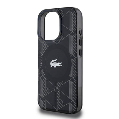 Apple iPhone 16 Pro Max Kılıf Lacoste Orjinal Lisanslı Magsafe Şarj Özellikli IML Baskılı Gümüş Timsah Logolu Monogram Kapak Siyah