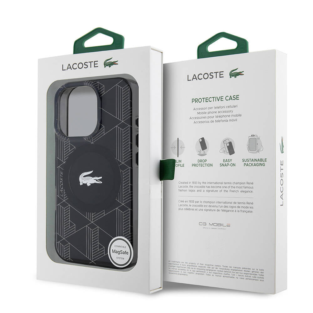 Apple iPhone 16 Pro Max Kılıf Lacoste Orjinal Lisanslı Magsafe Şarj Özellikli IML Baskılı Gümüş Timsah Logolu Monogram Kapak Siyah
