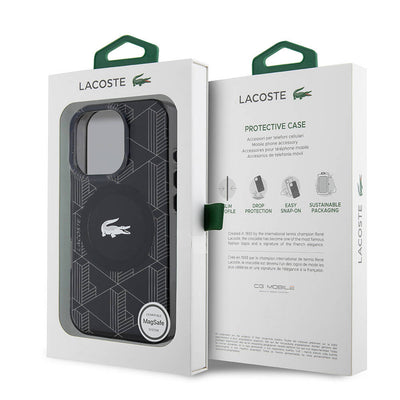 Apple iPhone 16 Pro Max Kılıf Lacoste Orjinal Lisanslı Magsafe Şarj Özellikli IML Baskılı Gümüş Timsah Logolu Monogram Kapak Siyah