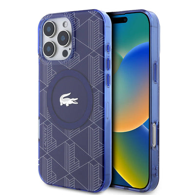 Apple iPhone 16 Pro Max Kılıf Lacoste Orjinal Lisanslı Magsafe Şarj Özellikli IML Baskılı Gümüş Timsah Logolu Monogram Kapak Siyah