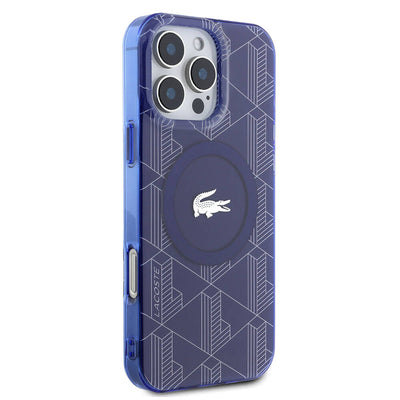 Apple iPhone 16 Pro Max Kılıf Lacoste Orjinal Lisanslı Magsafe Şarj Özellikli IML Baskılı Gümüş Timsah Logolu Monogram Kapak Siyah