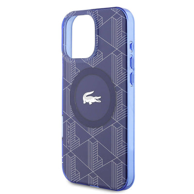 Apple iPhone 16 Pro Max Kılıf Lacoste Orjinal Lisanslı Magsafe Şarj Özellikli IML Baskılı Gümüş Timsah Logolu Monogram Kapak Lacivert