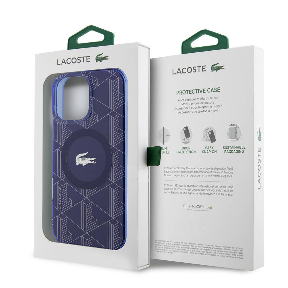Apple iPhone 16 Pro Max Kılıf Lacoste Orjinal Lisanslı Magsafe Şarj Özellikli IML Baskılı Gümüş Timsah Logolu Monogram Kapak Siyah