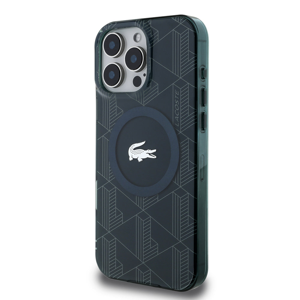 Apple iPhone 16 Pro Max Kılıf Lacoste Orjinal Lisanslı Magsafe Şarj Özellikli IML Baskılı Gümüş Timsah Logolu Monogram Kapak Siyah
