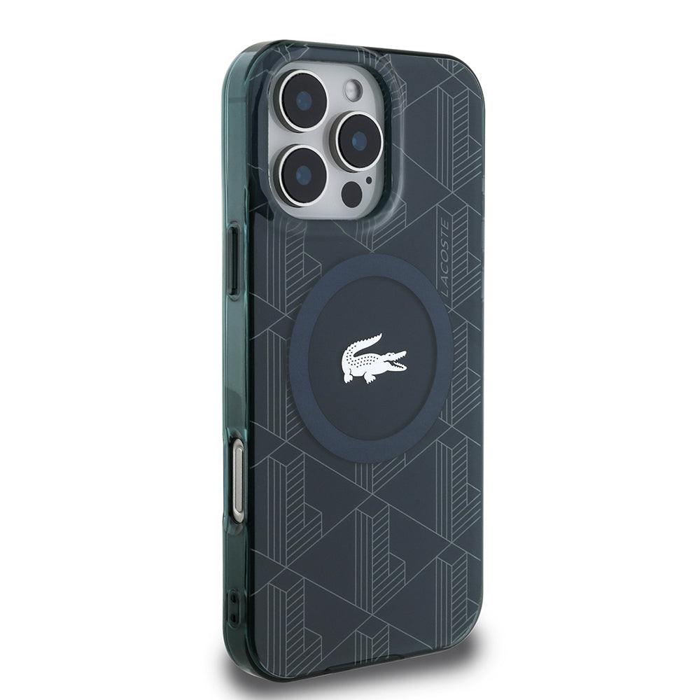 Apple iPhone 16 Pro Max Kılıf Lacoste Orjinal Lisanslı Magsafe Şarj Özellikli IML Baskılı Gümüş Timsah Logolu Monogram Kapak Lacivert