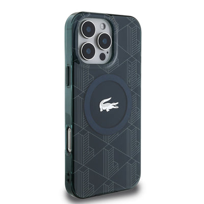 Apple iPhone 16 Pro Max Kılıf Lacoste Orjinal Lisanslı Magsafe Şarj Özellikli IML Baskılı Gümüş Timsah Logolu Monogram Kapak Siyah
