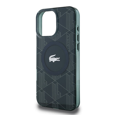 Apple iPhone 16 Pro Max Kılıf Lacoste Orjinal Lisanslı Magsafe Şarj Özellikli IML Baskılı Gümüş Timsah Logolu Monogram Kapak Siyah