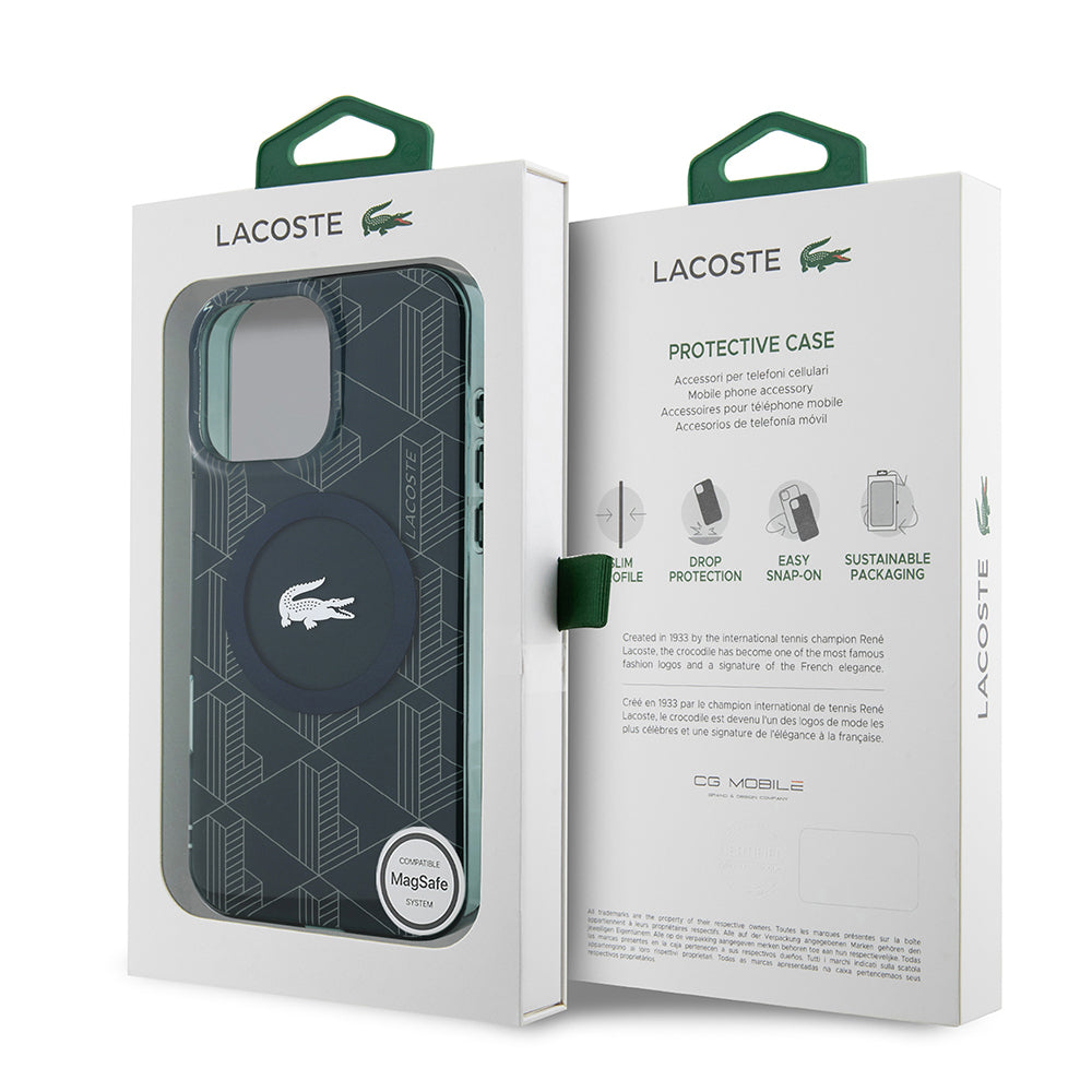 Apple iPhone 16 Pro Max Kılıf Lacoste Orjinal Lisanslı Magsafe Şarj Özellikli IML Baskılı Gümüş Timsah Logolu Monogram Kapak Siyah