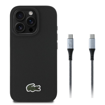 iPhone 16 Pro Max Kılıf Lacoste Orjinal Lisanslı PU Pike Desenli Arka Yüzey İkonik Timsah Dokuma Logolu Kılıf + Type-C Kablo 1.5m