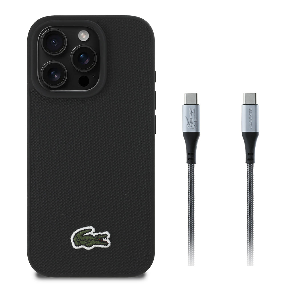 iPhone 16 Pro Max Kılıf Lacoste Orjinal Lisanslı PU Pike Desenli Arka Yüzey İkonik Timsah Dokuma Logolu Kılıf + Type-C Kablo 1.5m
