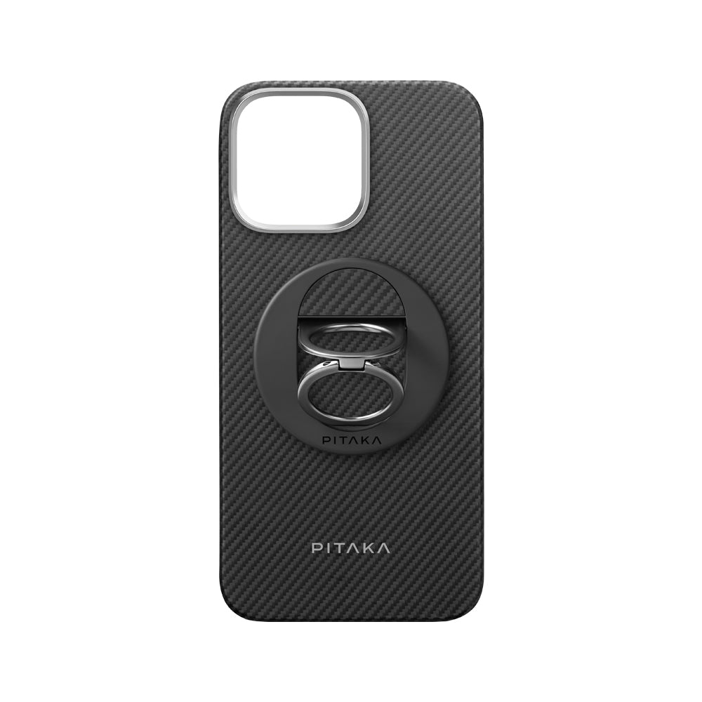iPhone 16 Pro Max Kılıf M-safe Şarj Özellikli Grip 3 Standlı 600D Aramid Fiber Pitaka Ultra-Slim Classic Serisi Black-Grey Twill Kılıf
