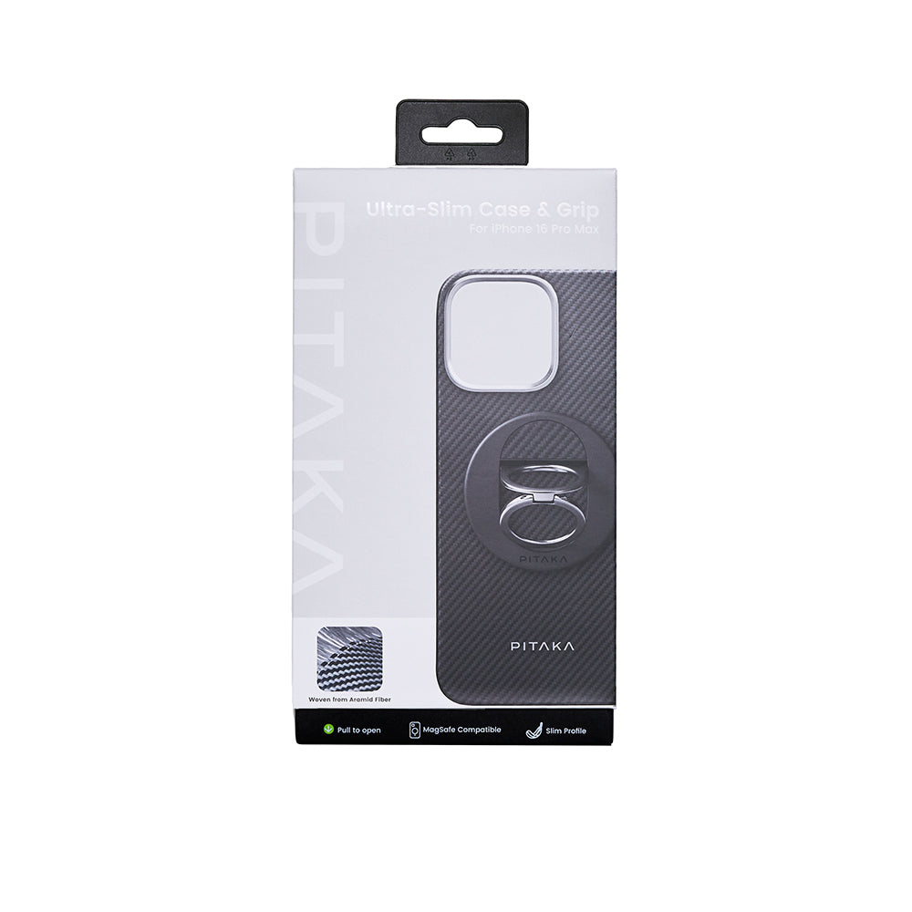 iPhone 16 Pro Max Kılıf M-safe Şarj Özellikli Grip 3 Standlı 600D Aramid Fiber Pitaka Ultra-Slim Classic Serisi Black-Grey Twill Kılıf