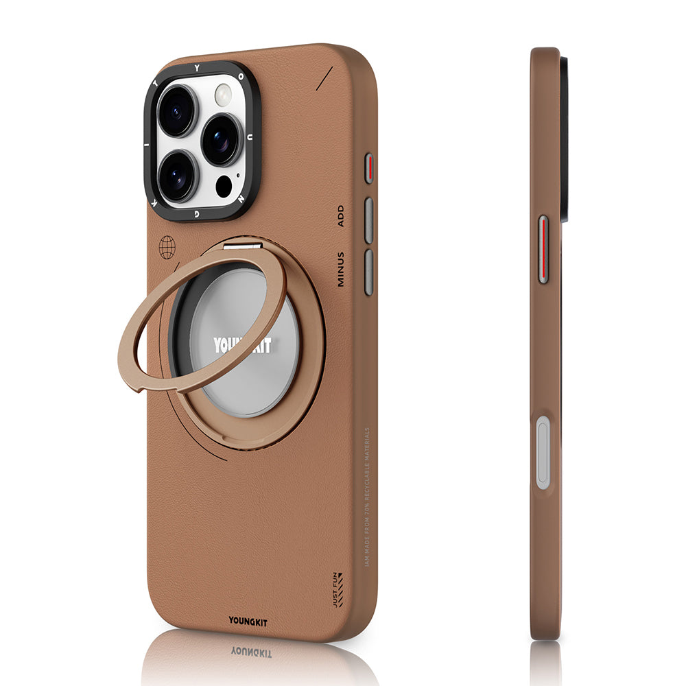 Apple iPhone 16 Pro Max Kılıf Magsafe Şarj Özellikli 360° Standlı Basit Mat Deri Desenli Youngkit Tech Leather Serisi Kapak Gri