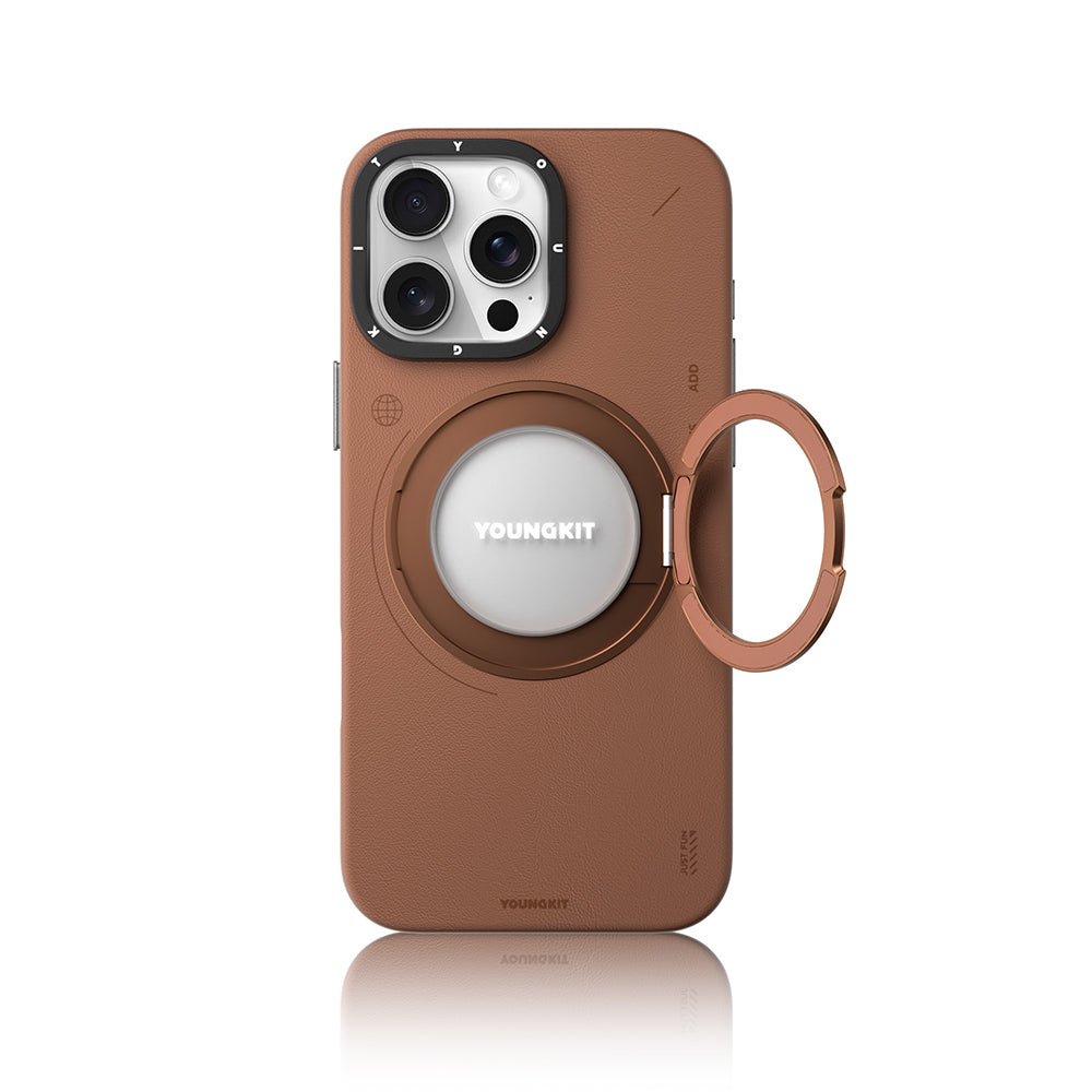 Apple iPhone 16 Pro Max Kılıf Magsafe Şarj Özellikli 360° Standlı Basit Mat Deri Desenli Youngkit Tech Leather Serisi Kapak Siyah