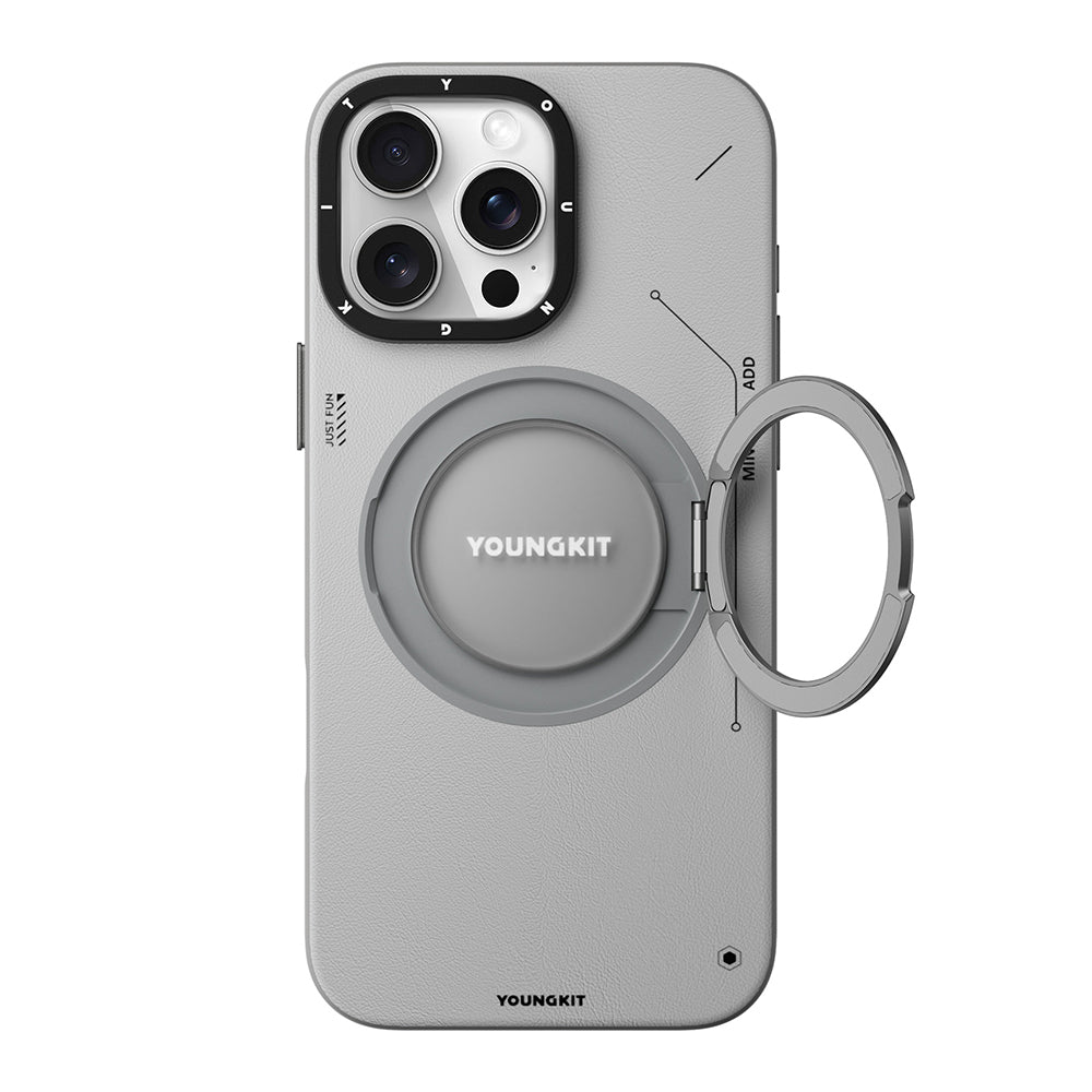 Apple iPhone 16 Pro Max Kılıf Magsafe Şarj Özellikli 360° Standlı Basit Mat Deri Desenli Youngkit Tech Leather Serisi Kapak Siyah