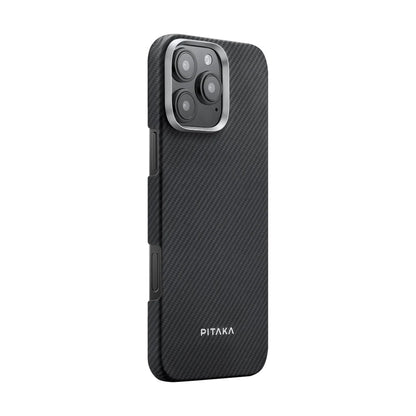 iPhone 16 Pro Max Kılıf M-safe Şarj Özellikli 600D Aramid Fiber Pitaka Ultra-Slim Classic Serisi Black-Grey Twill Kılıf