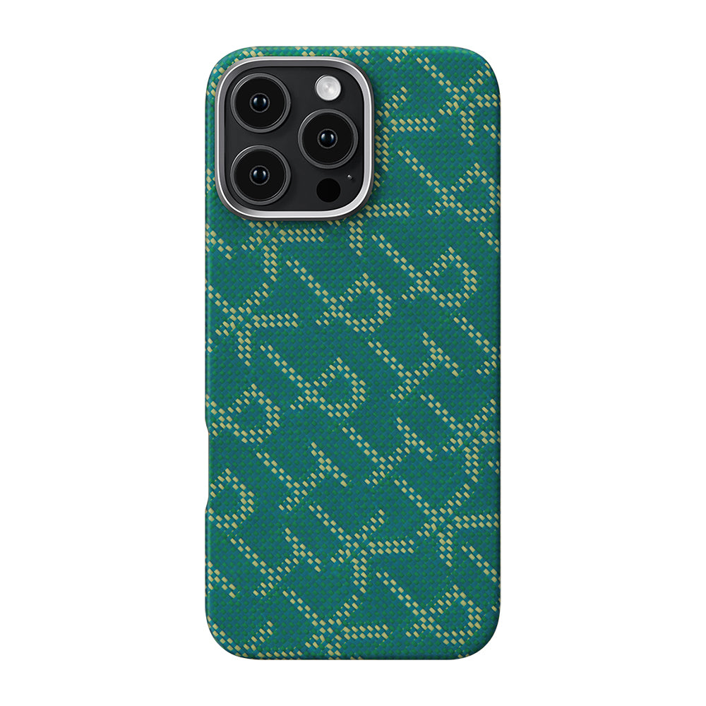 Apple iPhone 16 Pro Max Kılıf M-safe Şarj Özellikli Aramid Fiber Pitaka Tactile Woven Monogram Serisi Kapak Yeşil