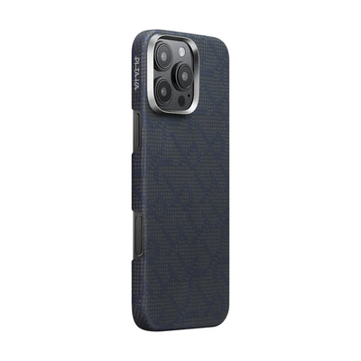 Apple iPhone 16 Pro Max Kılıf M-safe Şarj Özellikli Aramid Fiber Pitaka Tactile Woven Monogram Serisi Kapak Siyah