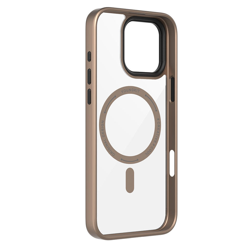 Apple iPhone 16 Pro Max Kılıf M-safe Şarj Özellikli Cam Arka Yüzey TPU Youngkit Gemstone Serisi Kapak Gold